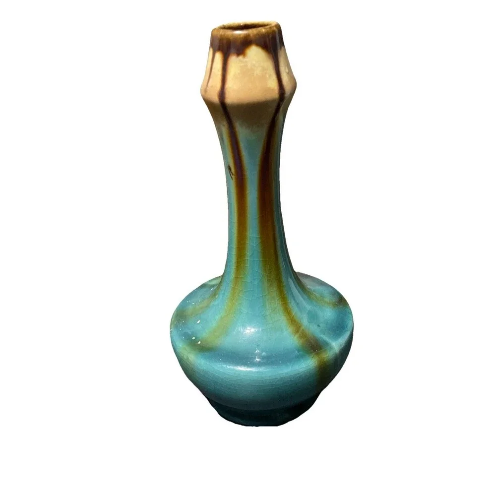 Belgium Made Drip Glaze Art Pottery Thin Bud Vase Hand Made Mid-Century